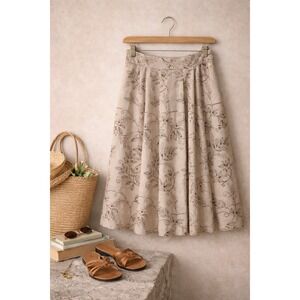 Catherine Andre Linen Embroidered Midi Skirt M‎ Neutral Summer Work Travel